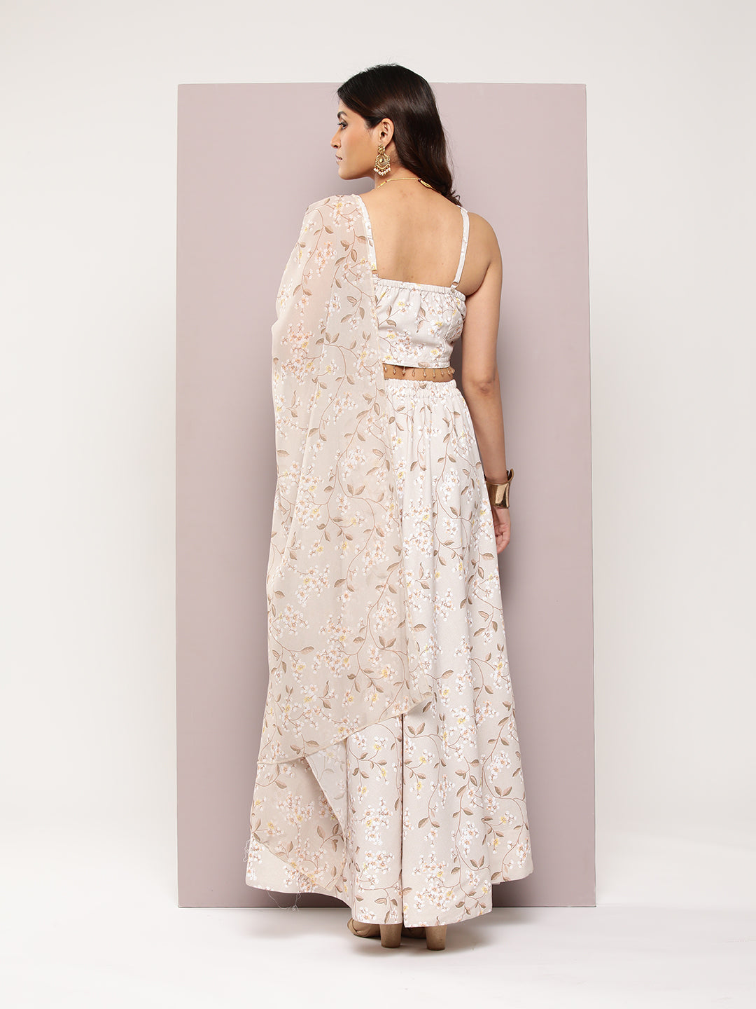 Jompers Women's Crystal Beads Work Printed Lehenga choli with dupatta - Beige
