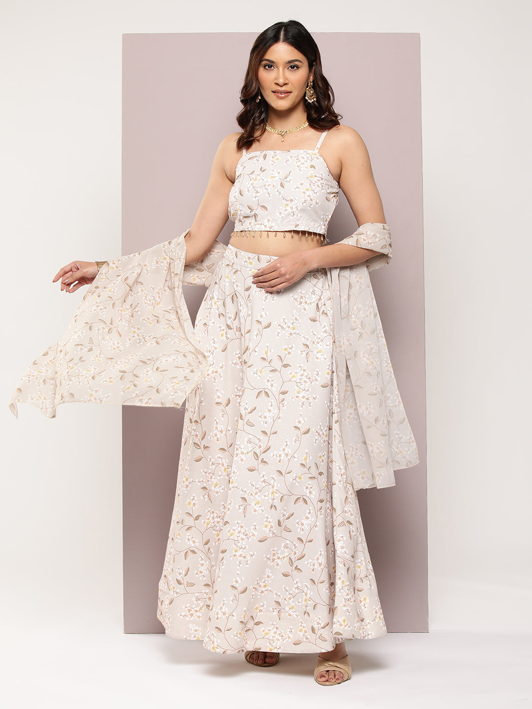 Jompers Women's Crystal Beads Work Printed Lehenga choli with dupatta - Beige