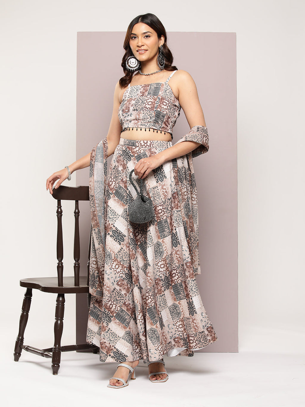 Jompers Women's Crystal Beads Work Printed Lehenga choli with dupatta - Brown