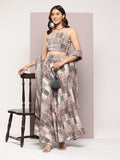 Jompers Women's Crystal Beads Work Printed Lehenga choli with dupatta - Brown