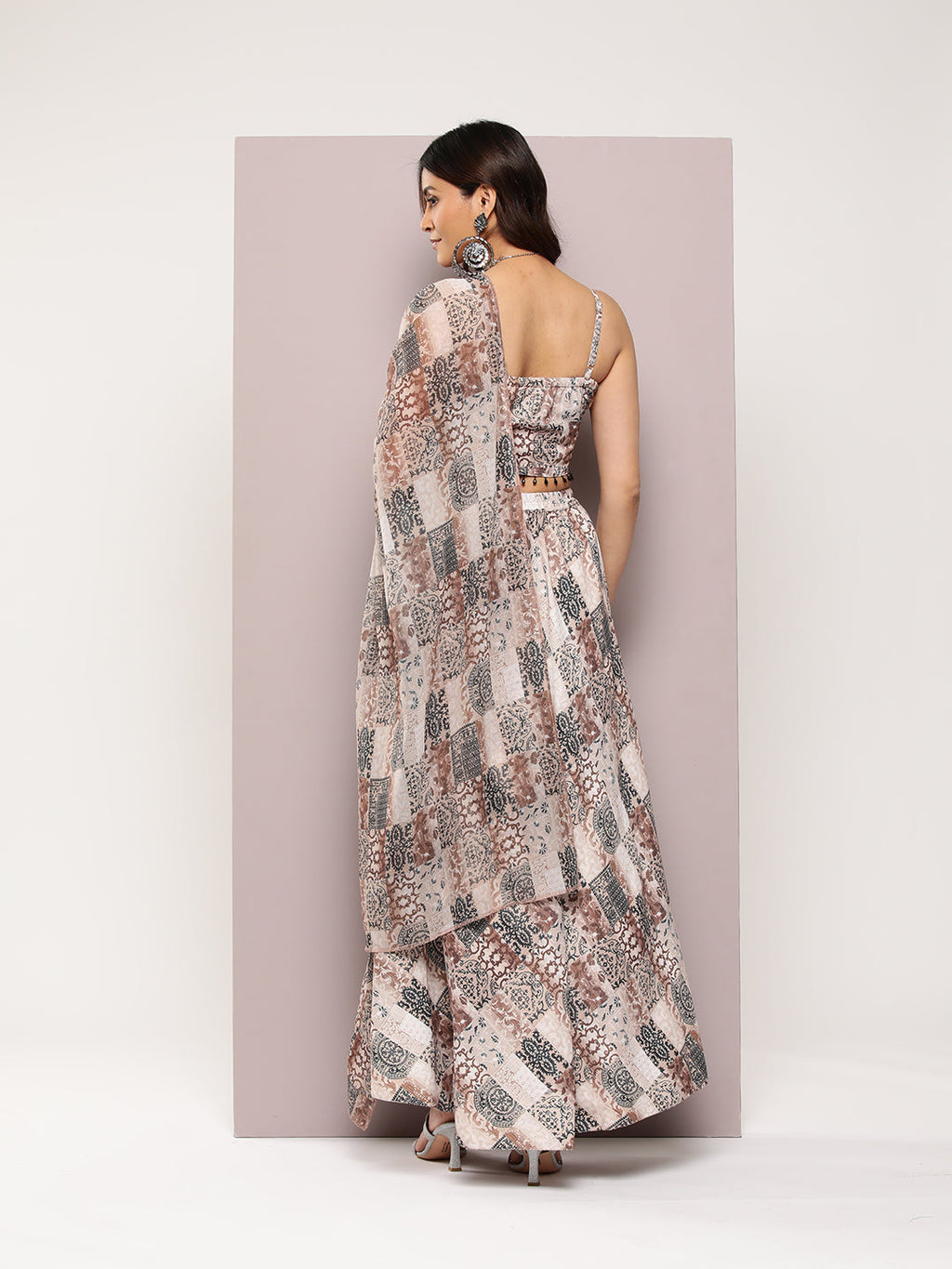 Jompers Women's Crystal Beads Work Printed Lehenga choli with dupatta - Brown