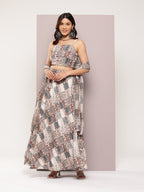 Jompers Women's Crystal Beads Work Printed Lehenga choli with dupatta - Brown