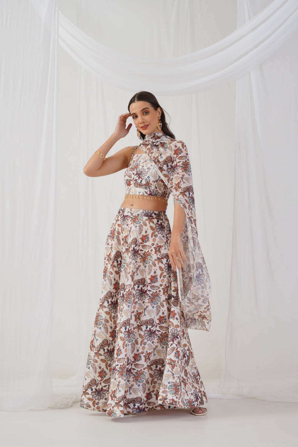 Jompers Women's Printed Beads & Stones Ready to Wear Lehenga & Blouse With Dupatta - Ivory