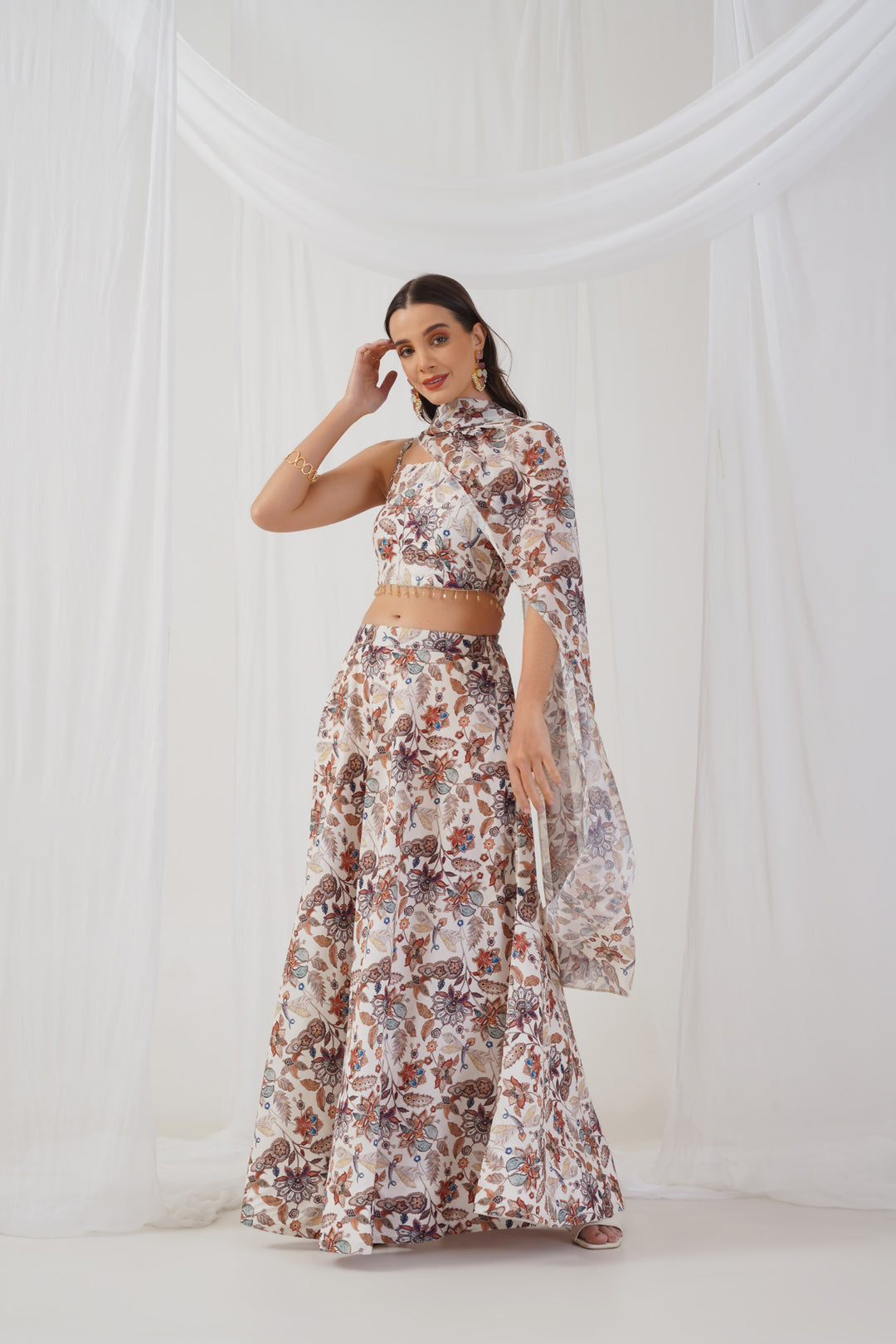 Jompers Women's Printed Beads & Stones Ready to Wear Lehenga & Blouse With Dupatta - Ivory