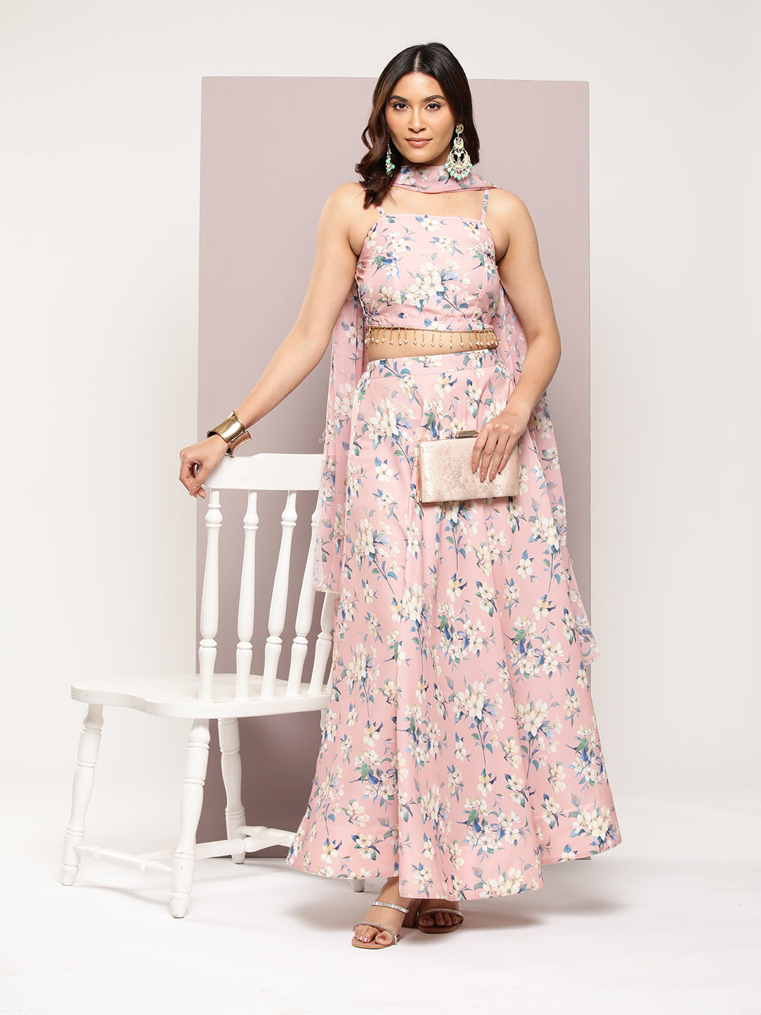 Jompers Women's Crystal Beads Work Printed Lehenga choli with dupatta - Peach