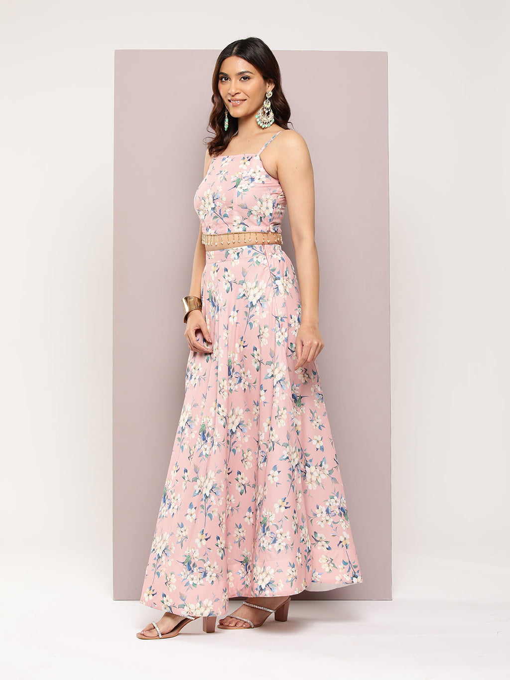 Jompers Women's Crystal Beads Work Printed Lehenga choli with dupatta - Peach