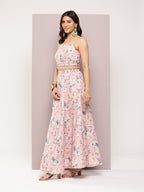Jompers Women's Crystal Beads Work Printed Lehenga choli with dupatta - Peach