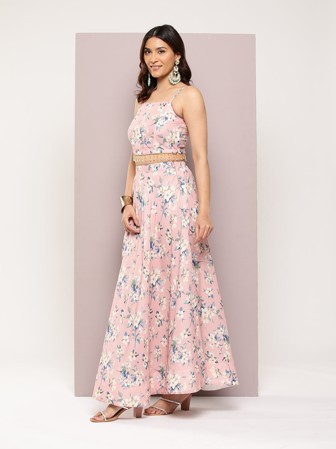 Jompers Women's Crystal Beads Work Printed Lehenga choli with dupatta - Peach