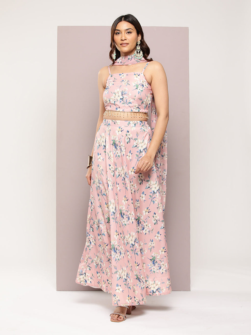 Jompers Women's Crystal Beads Work Printed Lehenga choli with dupatta - Peach