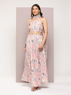 Jompers Women's Crystal Beads Work Printed Lehenga choli with dupatta - Peach
