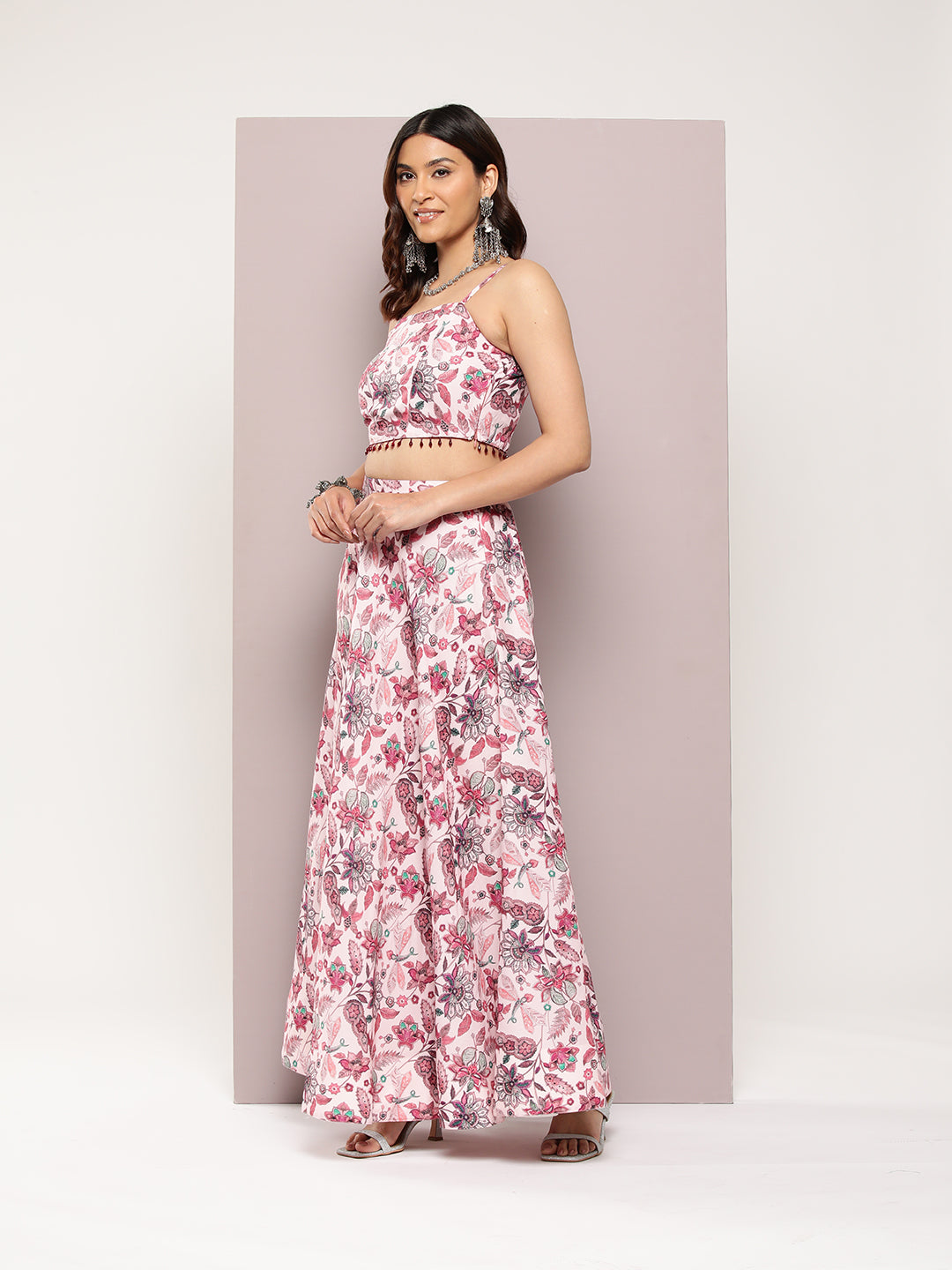 Jompers Women's Crystal Beads Work Printed Lehenga choli with dupatta - Pink