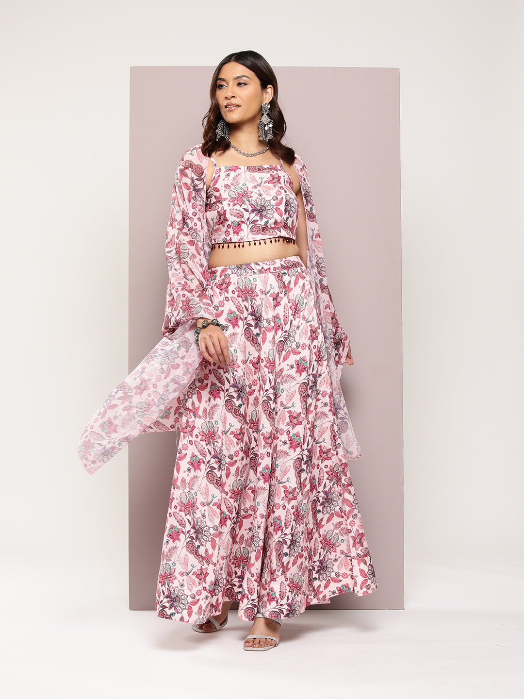 Jompers Women's Crystal Beads Work Printed Lehenga choli with dupatta - Pink
