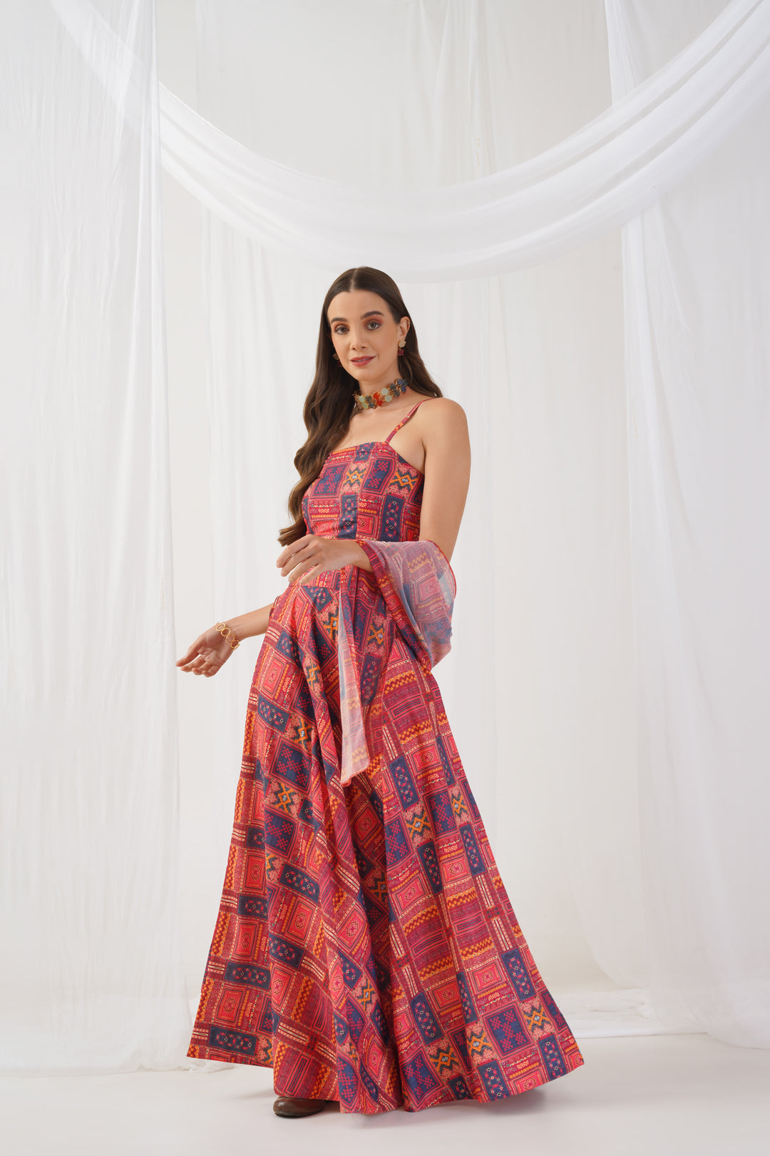 Jompers Women's Red Printed Beads & Stones Ready to Wear Lehenga & Blouse With Dupatta