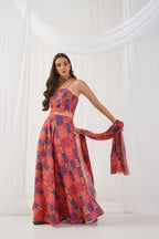 Jompers Women's Red Printed Beads & Stones Ready to Wear Lehenga & Blouse With Dupatta