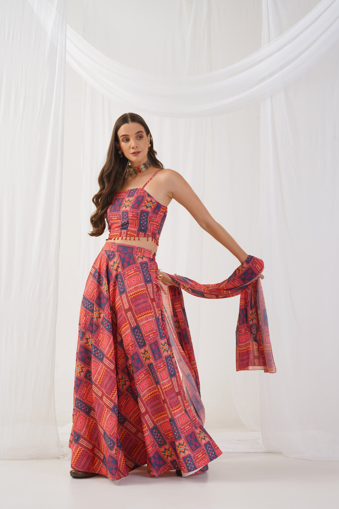 Jompers Women's Red Printed Beads & Stones Ready to Wear Lehenga & Blouse With Dupatta