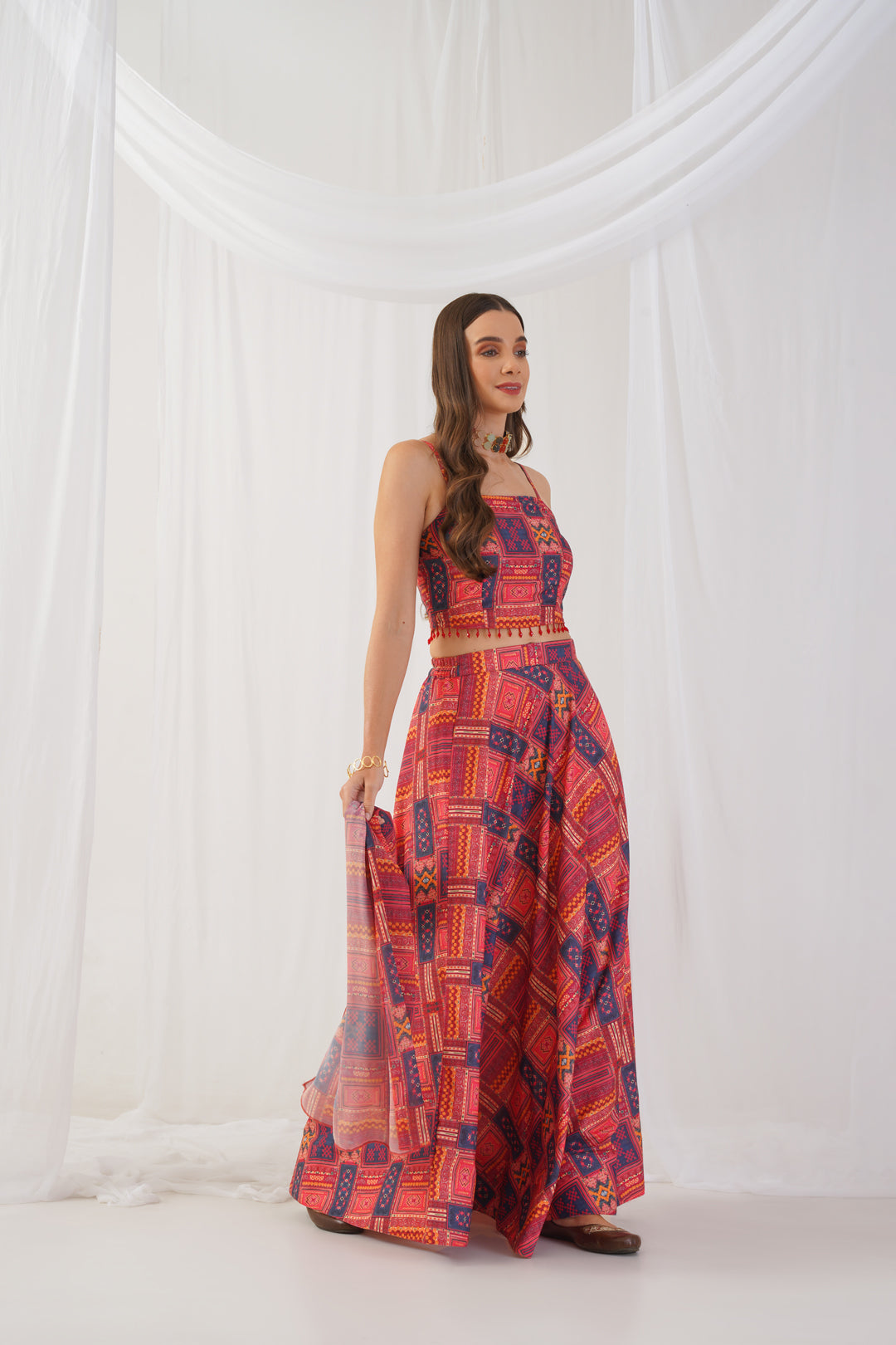 Jompers Women's Red Printed Beads & Stones Ready to Wear Lehenga & Blouse With Dupatta