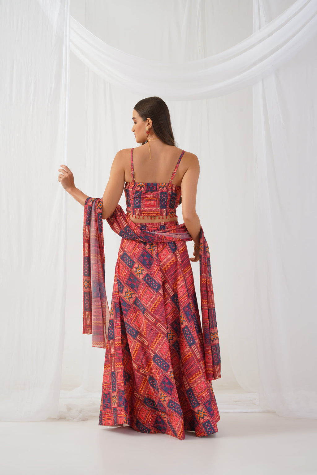 Jompers Women's Red Printed Beads & Stones Ready to Wear Lehenga & Blouse With Dupatta