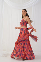 Jompers Women's Red Printed Beads & Stones Ready to Wear Lehenga & Blouse With Dupatta
