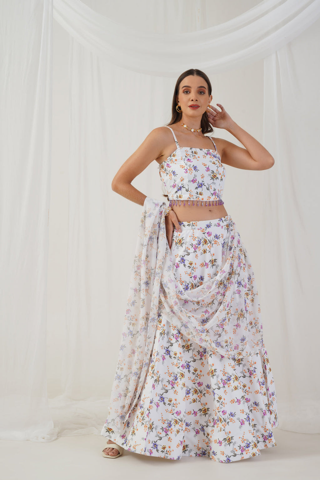 Jompers Women's White Printed Beads & Stones Ready to Wear Lehenga & Blouse With Dupatta