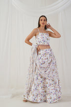 Jompers Women's White Printed Beads & Stones Ready to Wear Lehenga & Blouse With Dupatta