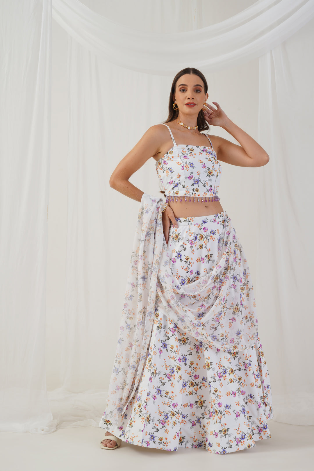 Jompers Women's White Printed Beads & Stones Ready to Wear Lehenga & Blouse With Dupatta