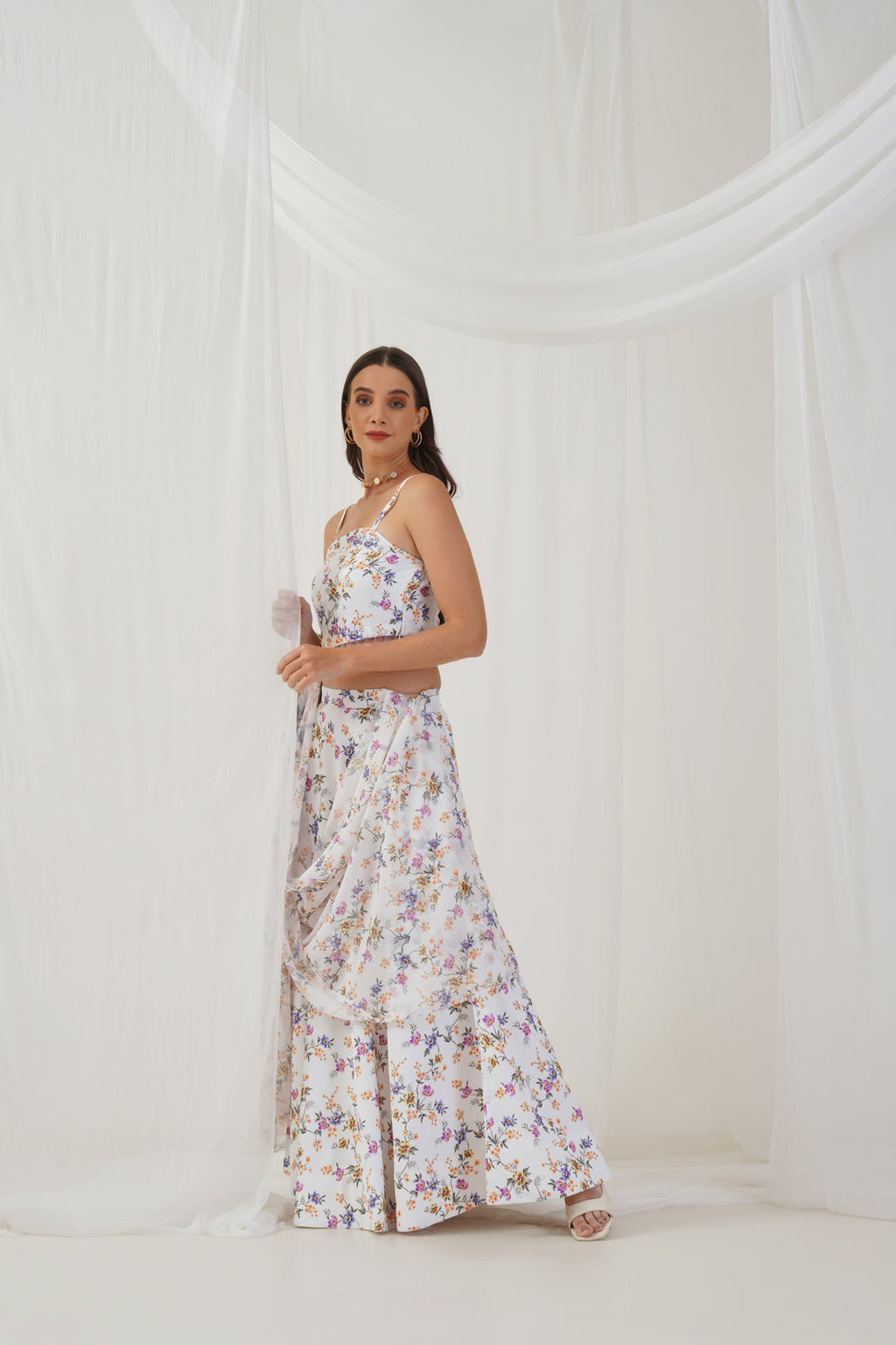 Jompers Women's White Printed Beads & Stones Ready to Wear Lehenga & Blouse With Dupatta