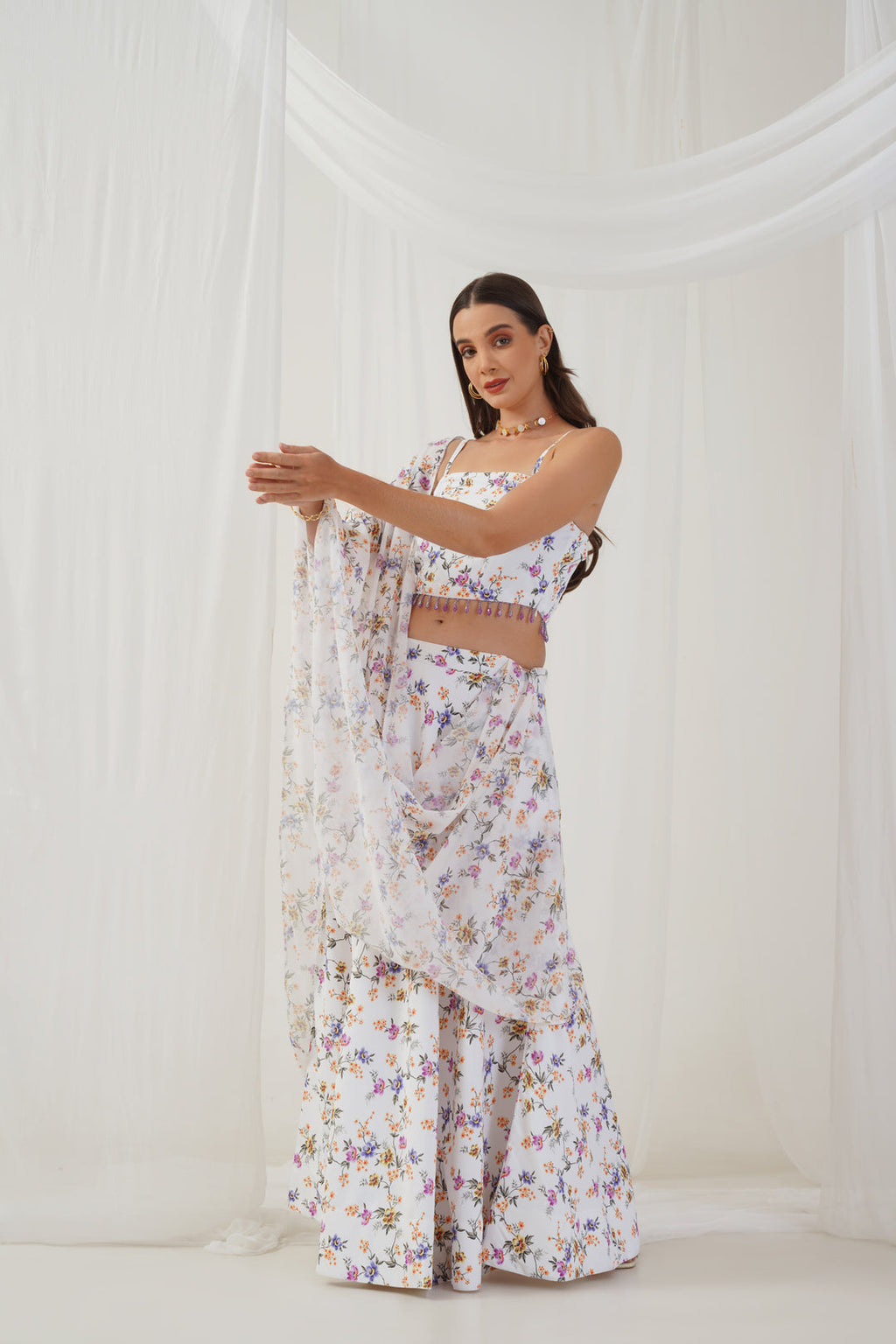 Jompers Women's White Printed Beads & Stones Ready to Wear Lehenga & Blouse With Dupatta