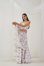 Jompers Women's White Printed Beads & Stones Ready to Wear Lehenga & Blouse With Dupatta