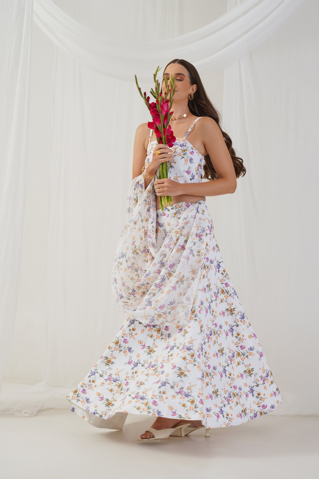 Jompers Women's White Printed Beads & Stones Ready to Wear Lehenga & Blouse With Dupatta