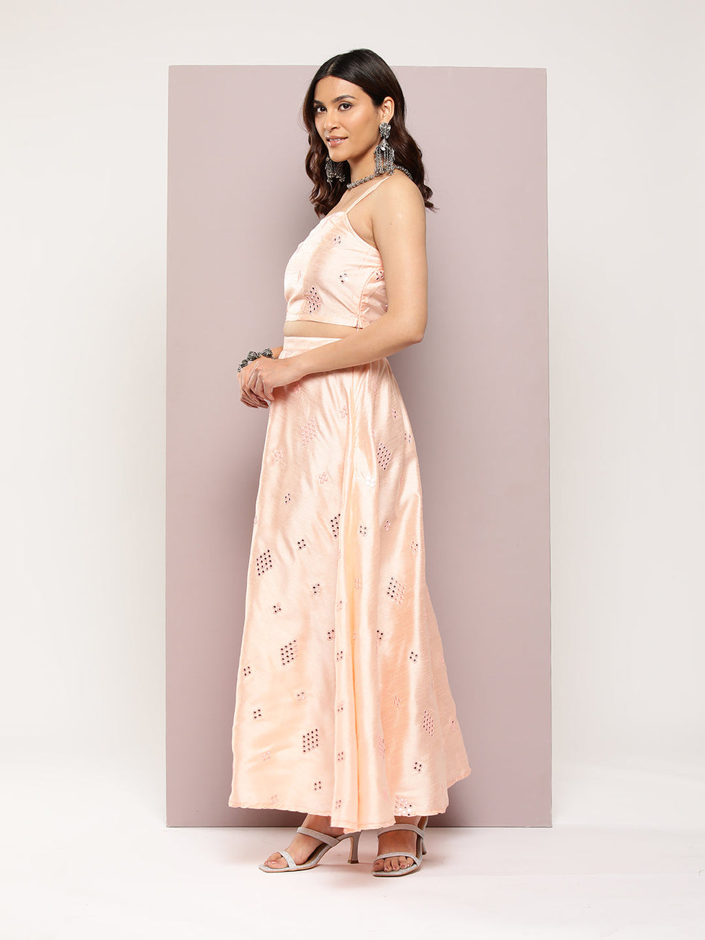 Jompers Women's Mirror Work Lehenga Choli With printed Organza dupatta - Peach