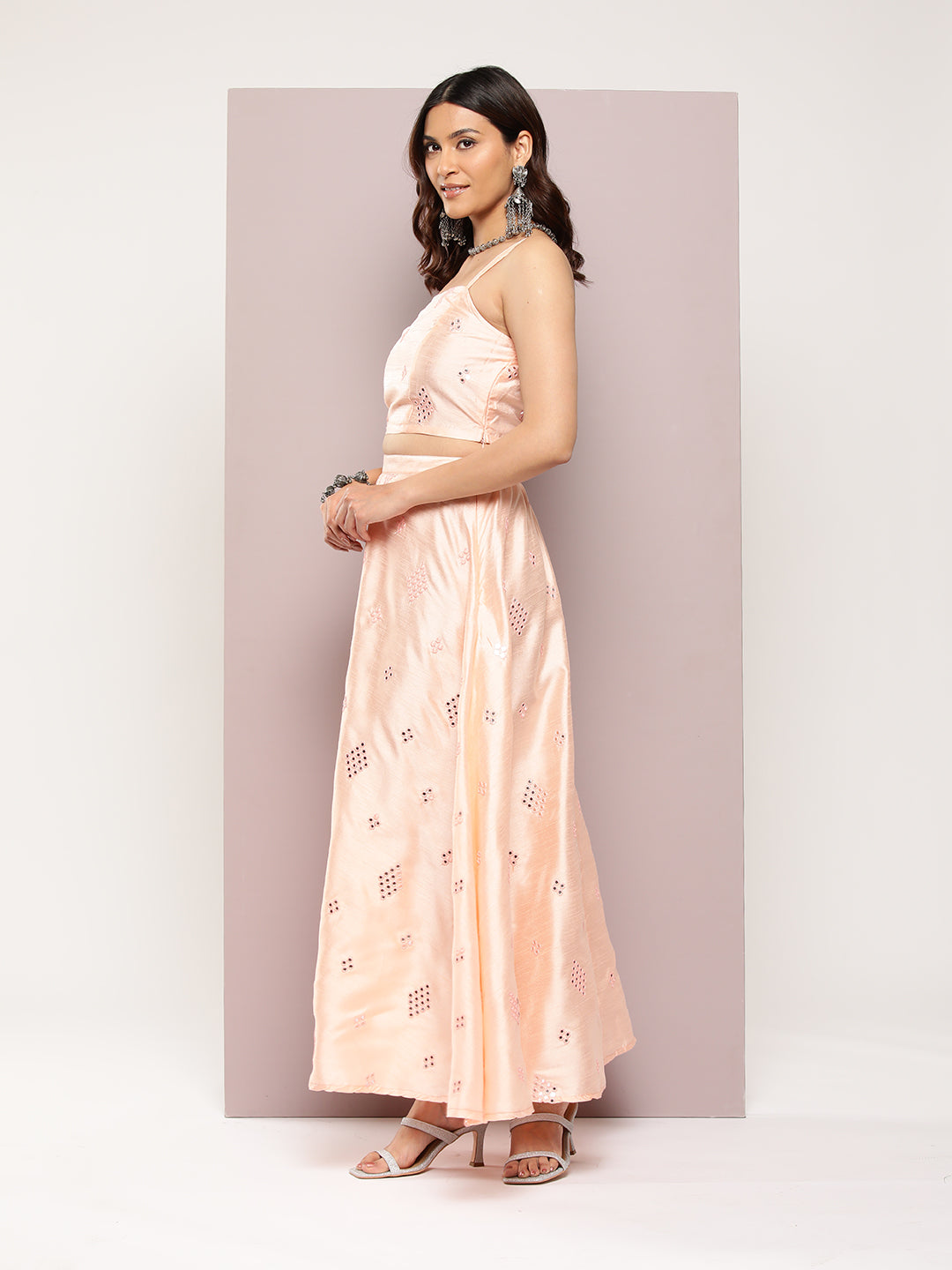 Jompers Women's Mirror Work Lehenga Choli With printed Organza dupatta - Peach