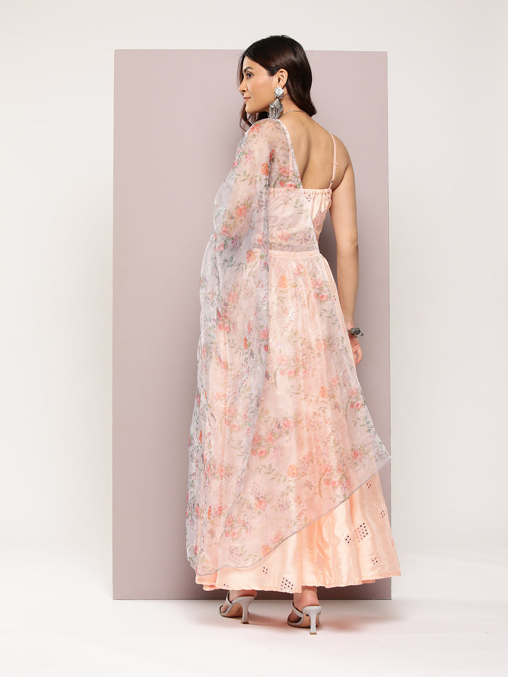 Jompers Women's Mirror Work Lehenga Choli With printed Organza dupatta - Peach