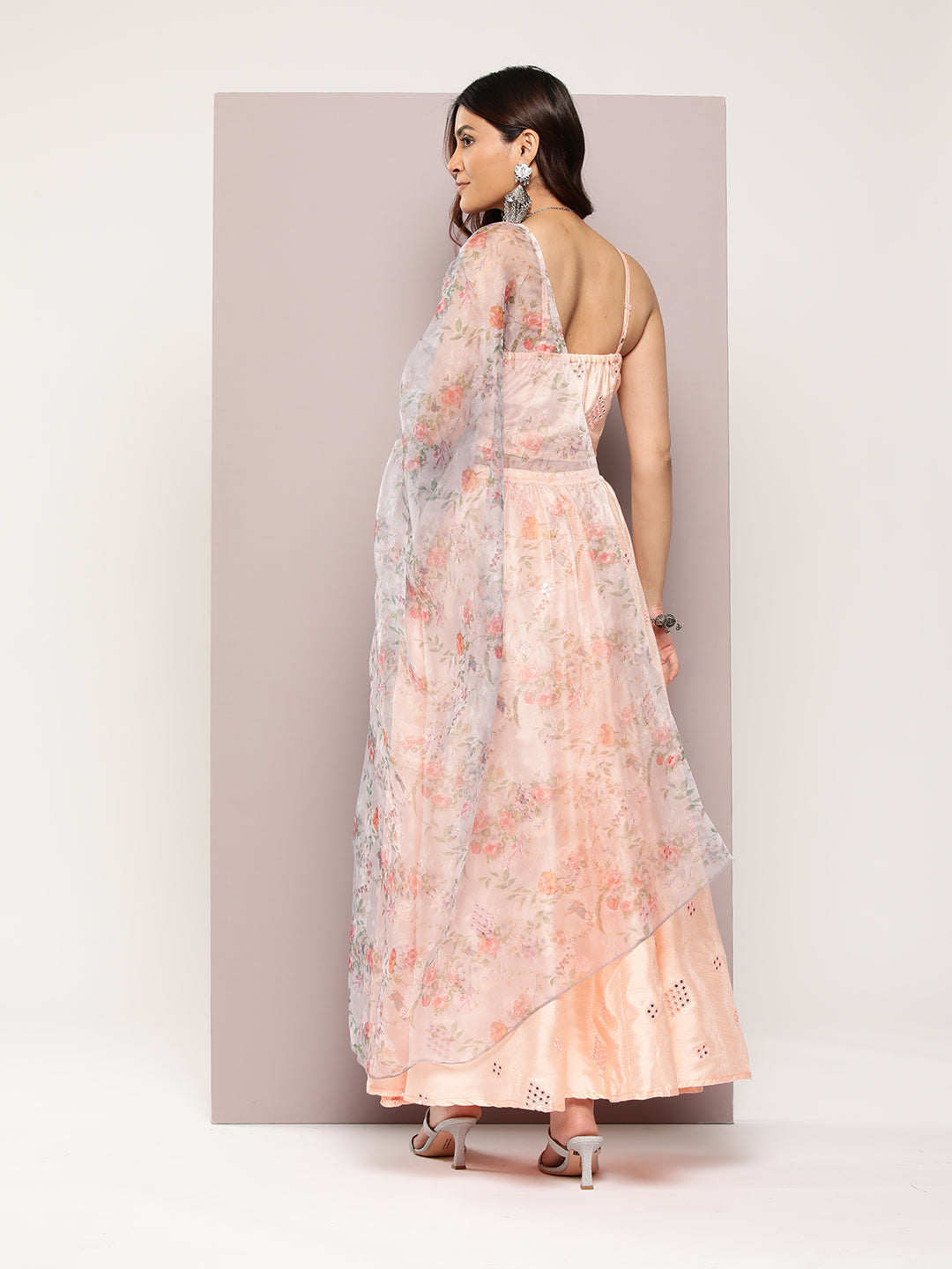 Jompers Women's Mirror Work Lehenga Choli With printed Organza dupatta - Peach