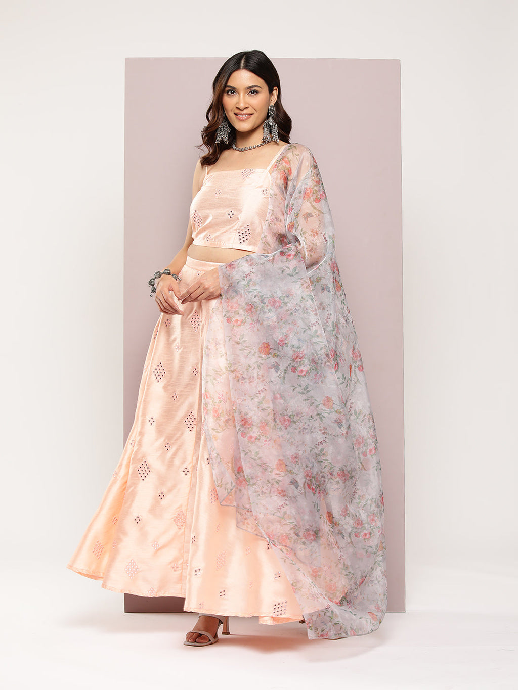 Jompers Women's Mirror Work Lehenga Choli With printed Organza dupatta - Peach