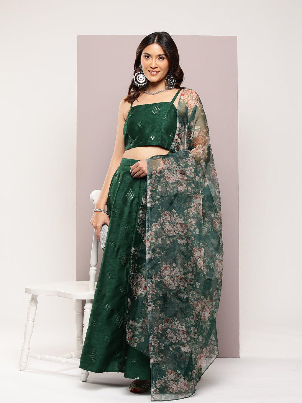 Jompers Women's Mirror Work Lehenga Choli With printed Organza dupatta - Green