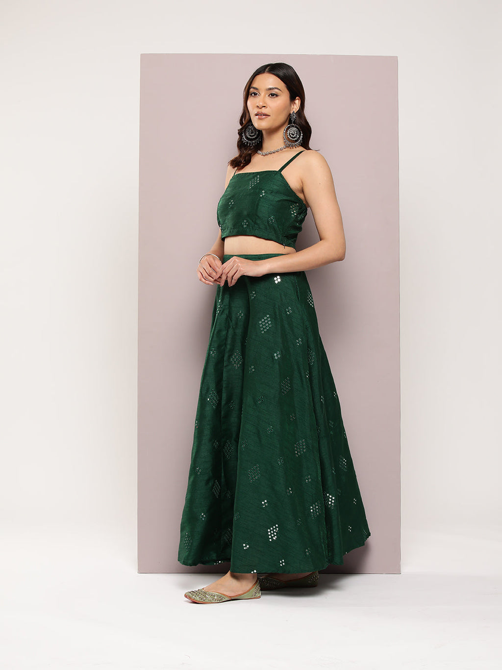 Jompers Women's Mirror Work Lehenga Choli With printed Organza dupatta - Green
