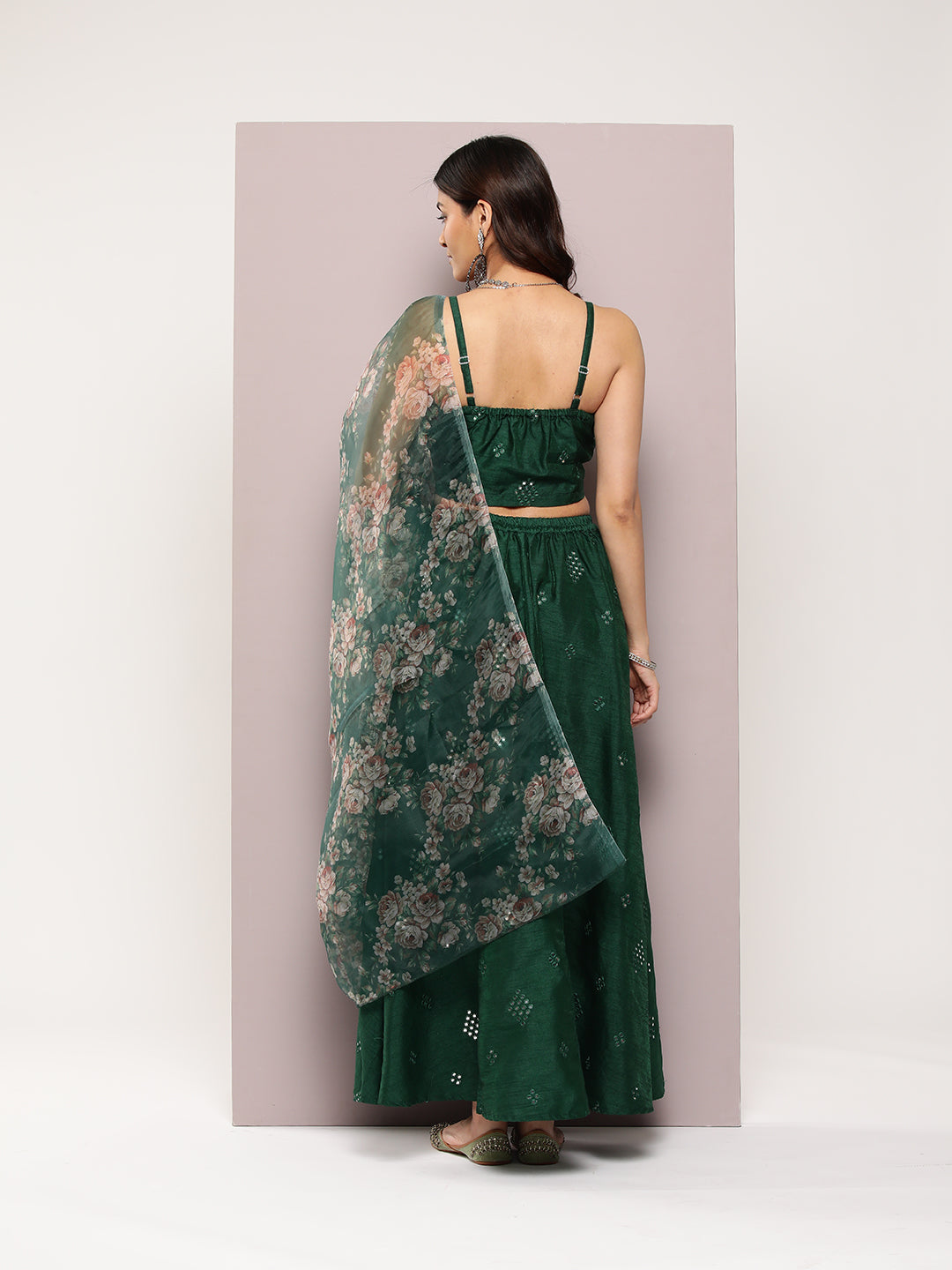 Jompers Women's Mirror Work Lehenga Choli With printed Organza dupatta - Green
