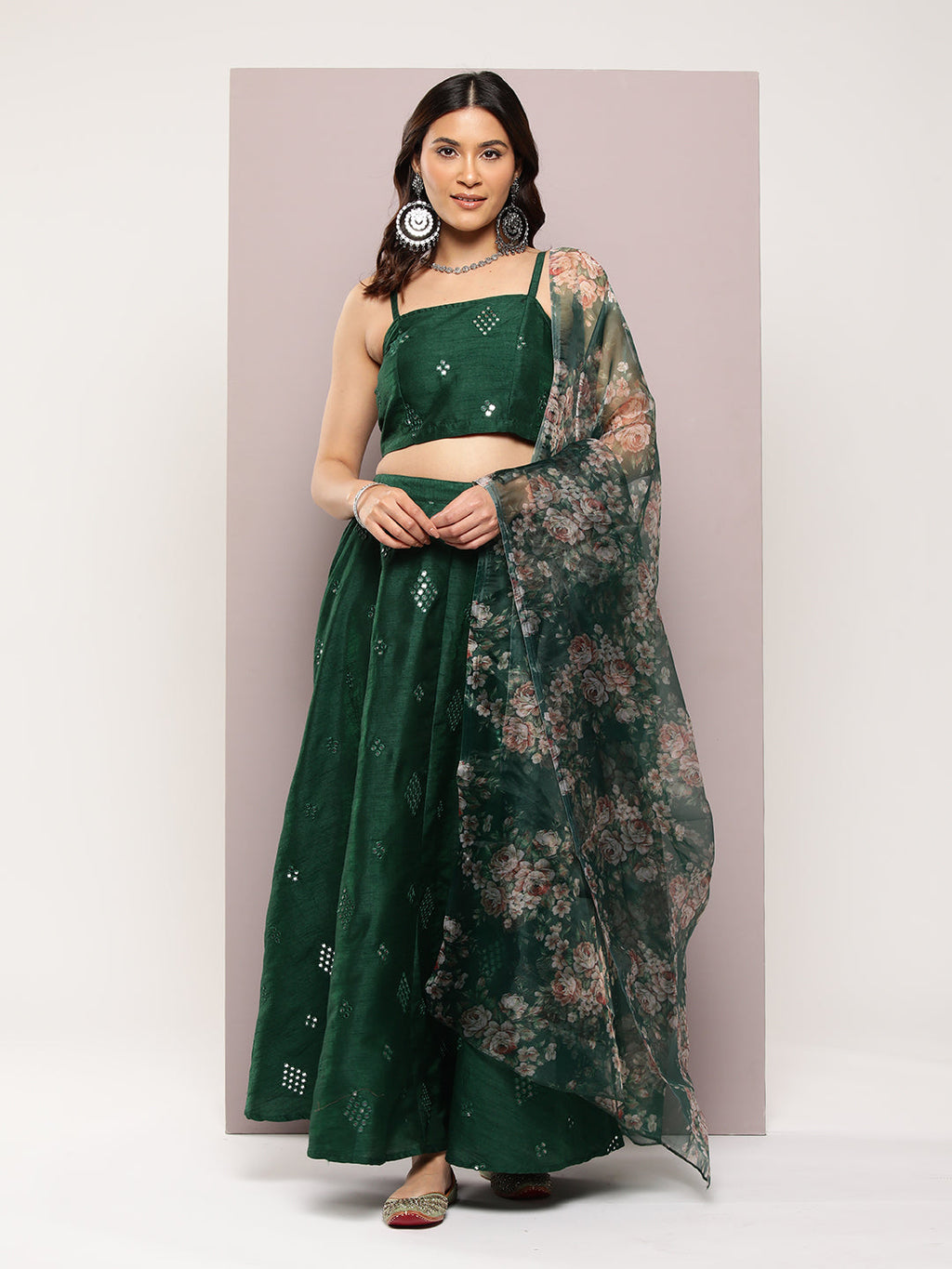 Jompers Women's Mirror Work Lehenga Choli With printed Organza dupatta - Green