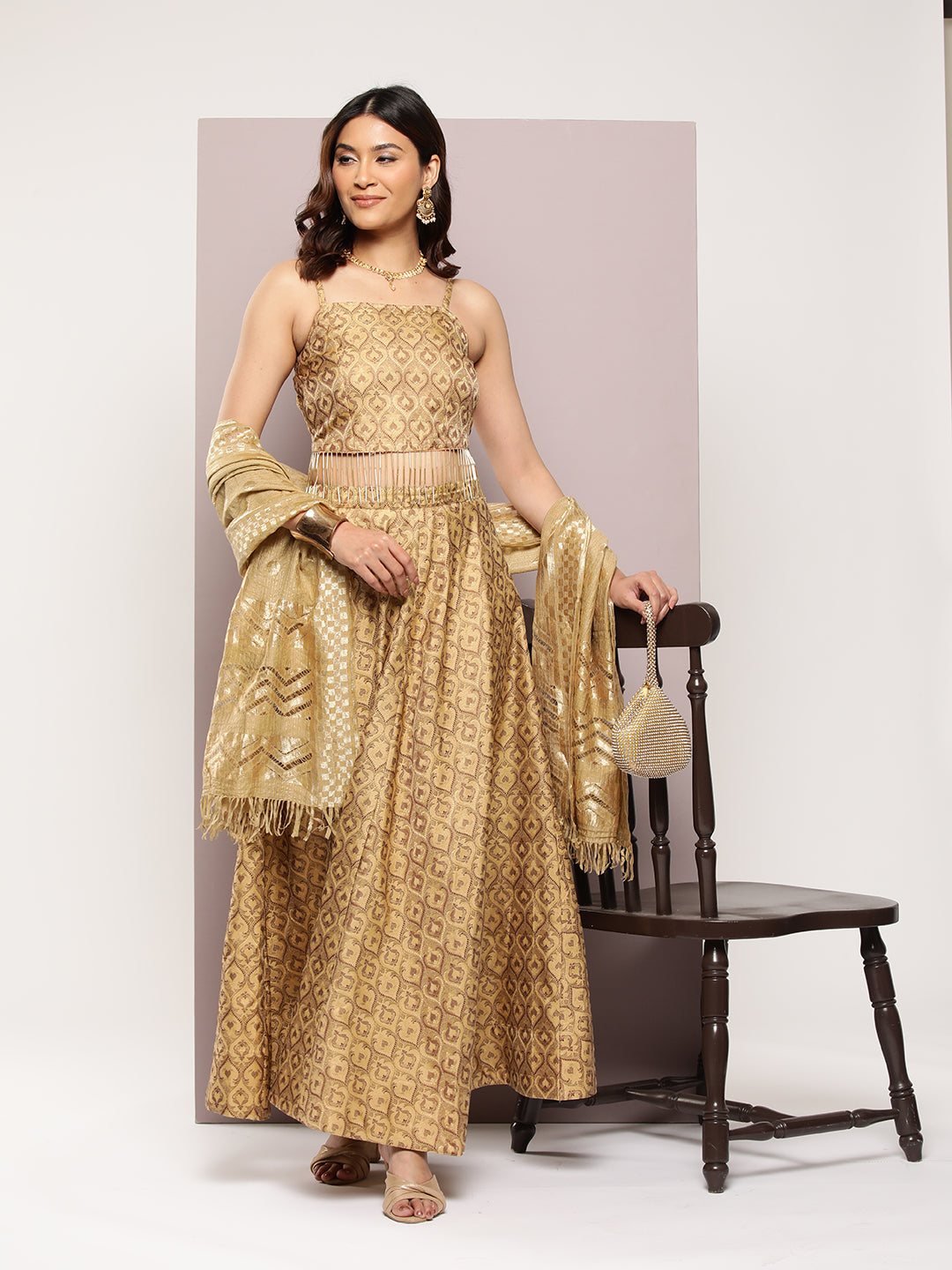 Jompers Women's Cutdana emblished Jacqard Lehenga Choli with dupatta - Golden