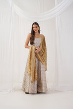 Jompers Women's Ivory Jacquard Beads & Stones Ready to Wear Lehenga & Blouse With Dupatta
