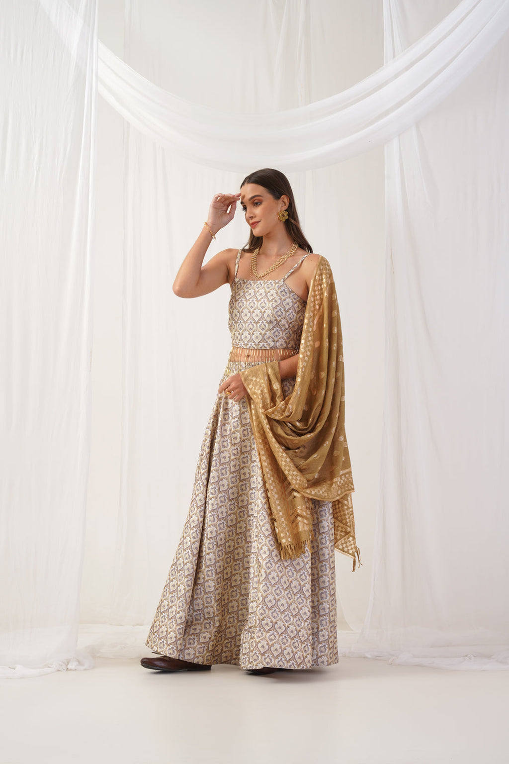 Jompers Women's Ivory Jacquard Beads & Stones Ready to Wear Lehenga & Blouse With Dupatta