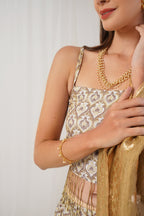 Jompers Women's Ivory Jacquard Beads & Stones Ready to Wear Lehenga & Blouse With Dupatta
