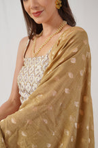 Jompers Women's Ivory Jacquard Beads & Stones Ready to Wear Lehenga & Blouse With Dupatta