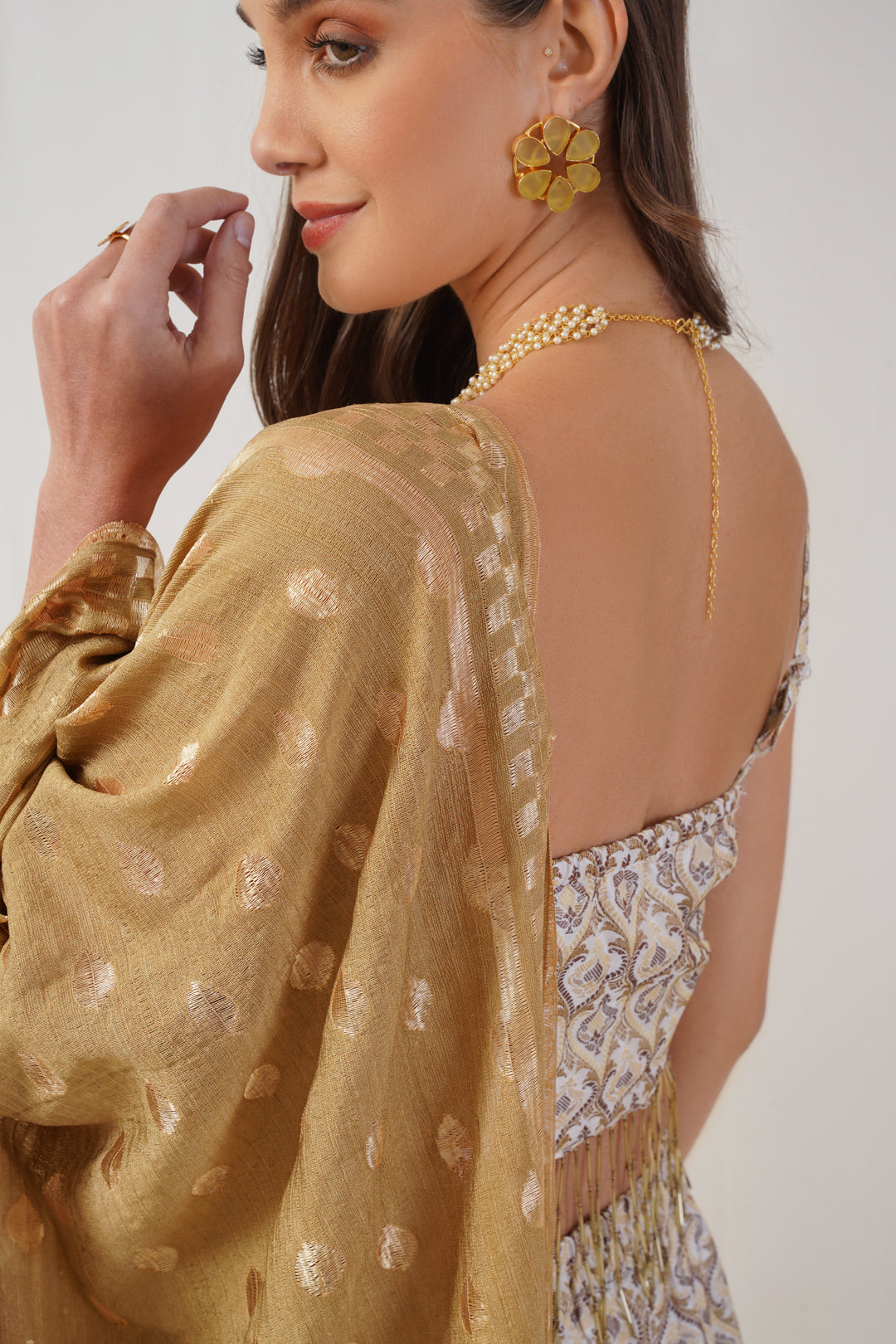 Jompers Women's Ivory Jacquard Beads & Stones Ready to Wear Lehenga & Blouse With Dupatta