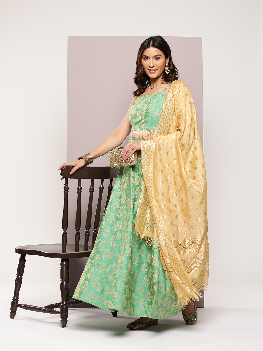 Jompers Women's Cutdana emblished Jacqard Lehenga Choli with dupatta - Green