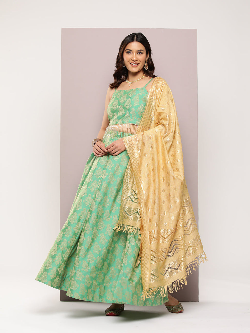 Jompers Women's Cutdana emblished Jacqard Lehenga Choli with dupatta - Green