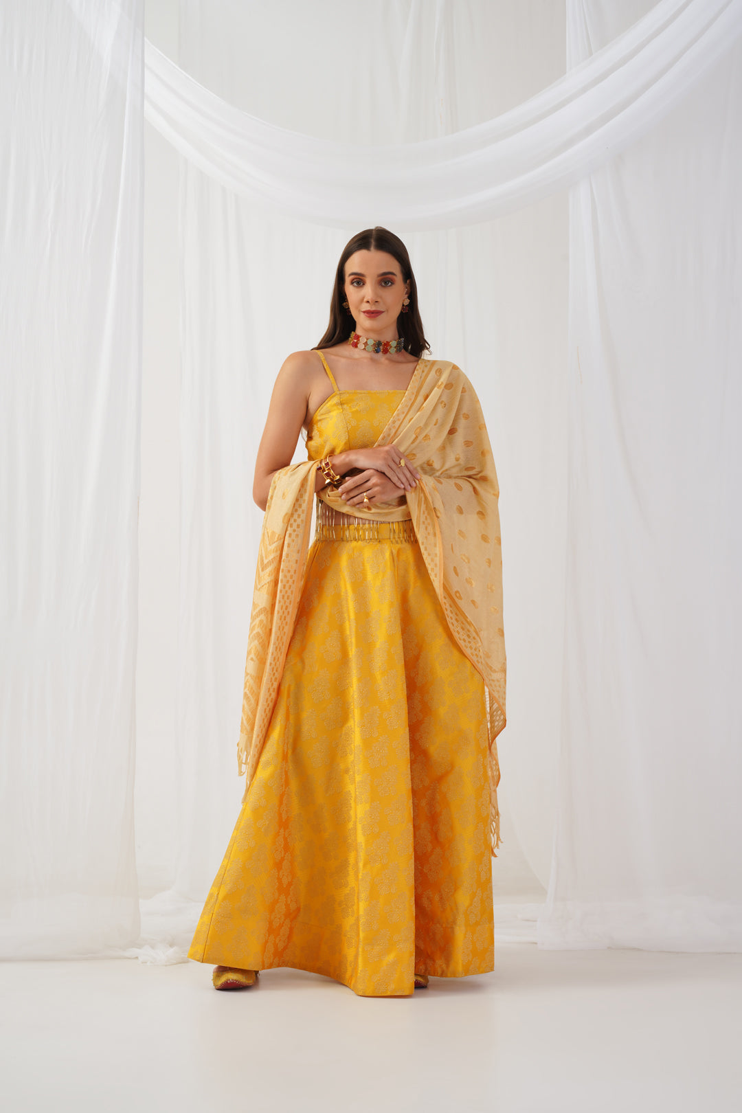 Jompers Women's Yellow Beads & Stones Ready to Wear Lehenga & Blouse With Dupatta