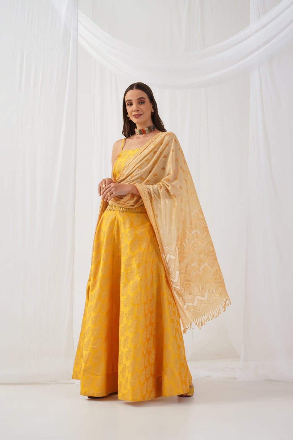 Jompers Women's Yellow Beads & Stones Ready to Wear Lehenga & Blouse With Dupatta