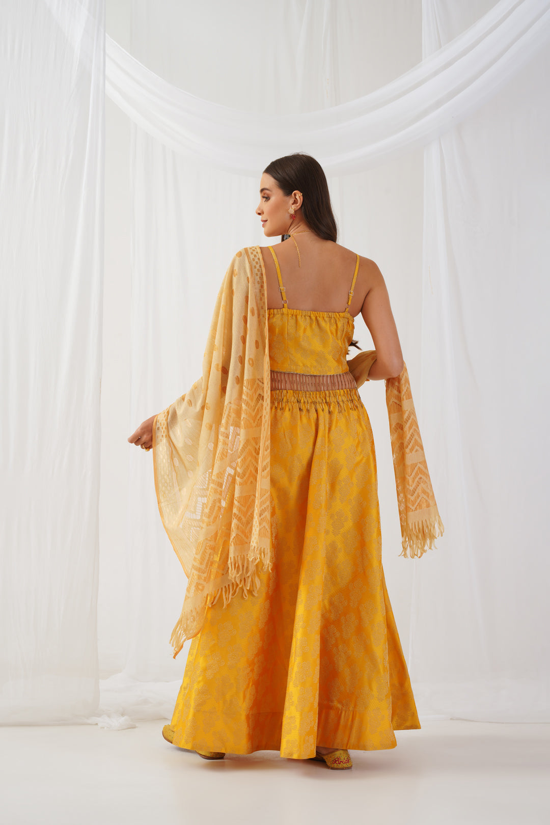 Jompers Women's Yellow Beads & Stones Ready to Wear Lehenga & Blouse With Dupatta