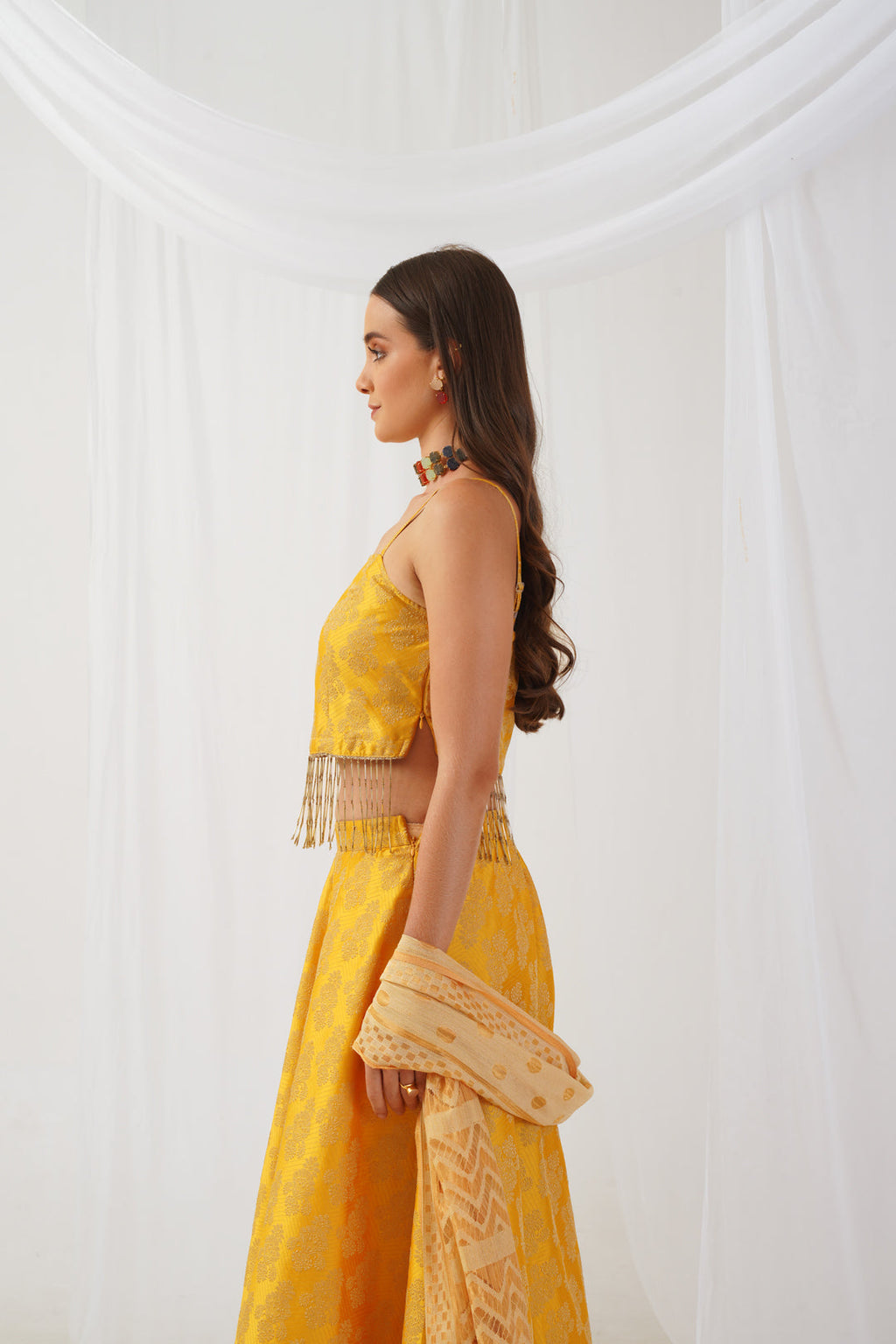Jompers Women's Yellow Beads & Stones Ready to Wear Lehenga & Blouse With Dupatta